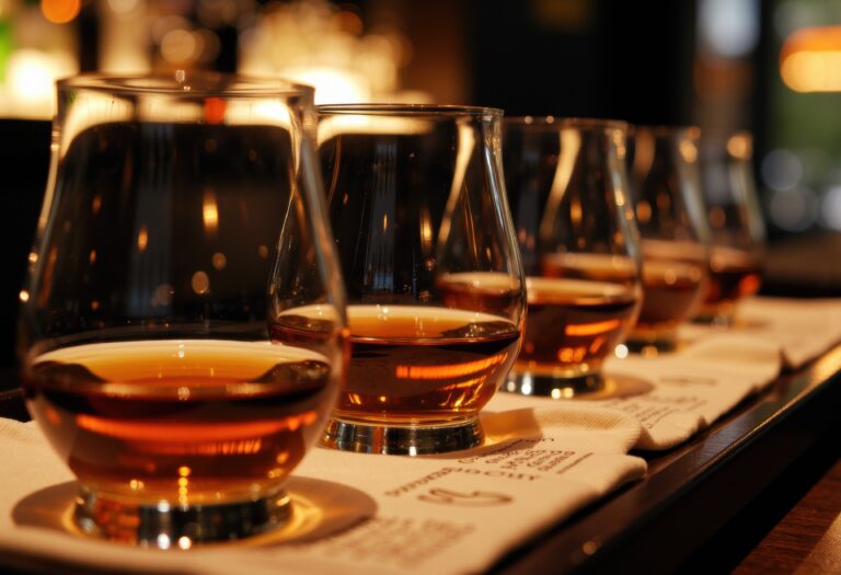 Tasting flight of whiskey glasses arranged on a bar counter in warm ambient lighting